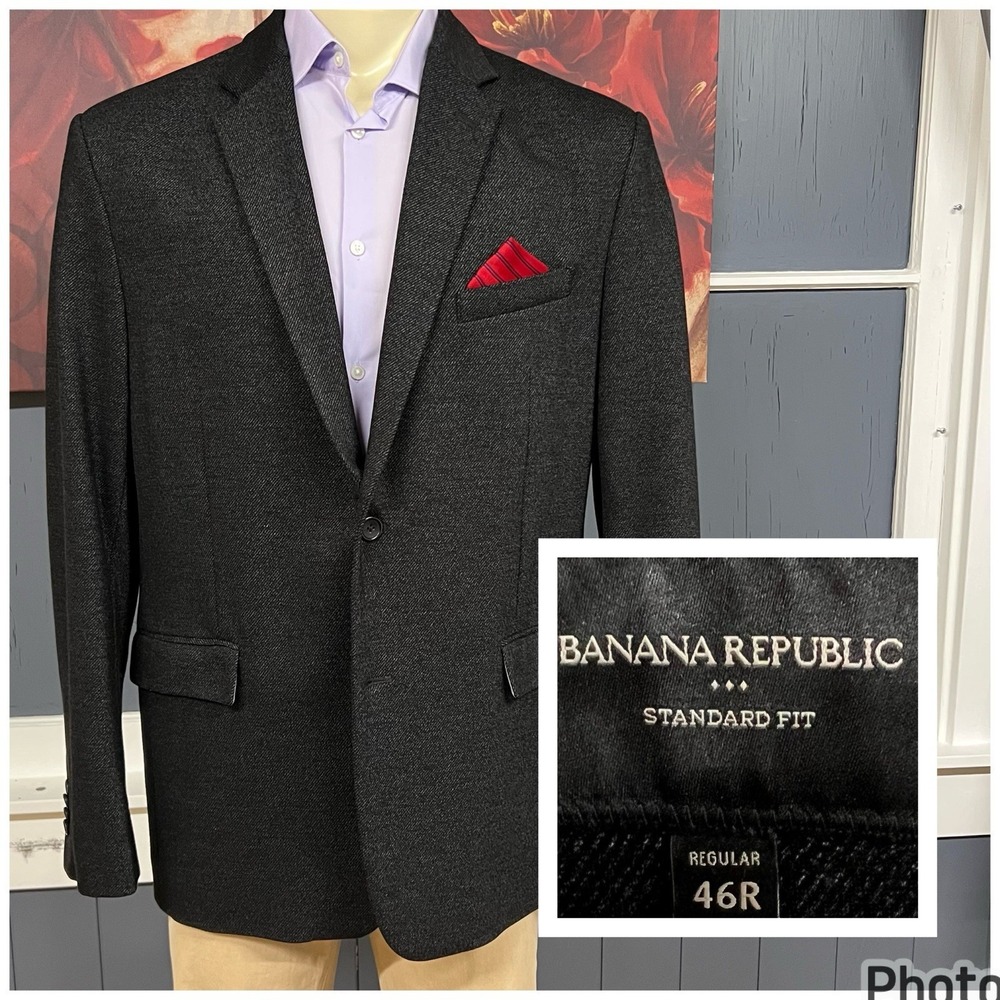 Banana Republic Blazer Men 46R Standard Fit Polyester Blend Stretch Black Jersey